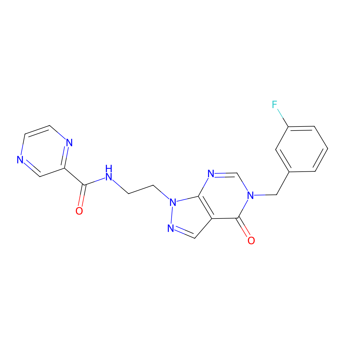 N-(2-(5-(3-fluorobenzyl)-4-oxo-4,5-dihydro-1H-pyrazolo[3,4-d]pyrimidin-1-yl)ethyl)pyrazine-2-carboxamide molecular structure, CAS 1207012-96-1