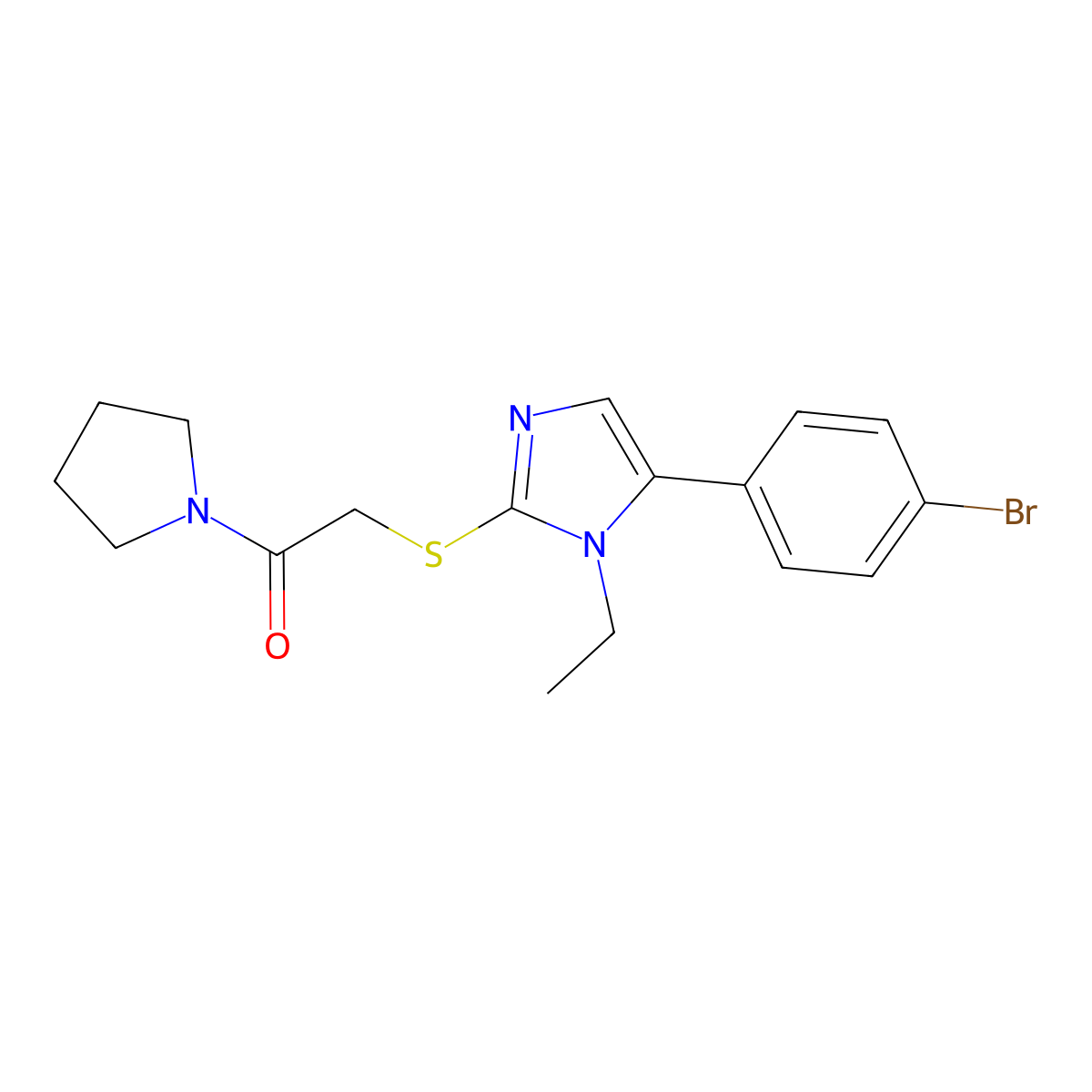 2-((5-(4-bromophenyl)-1-ethyl-1H-imidazol-2-yl)thio)-1-(pyrrolidin-1-yl)ethanone molecular structure, CAS 1207013-14-6