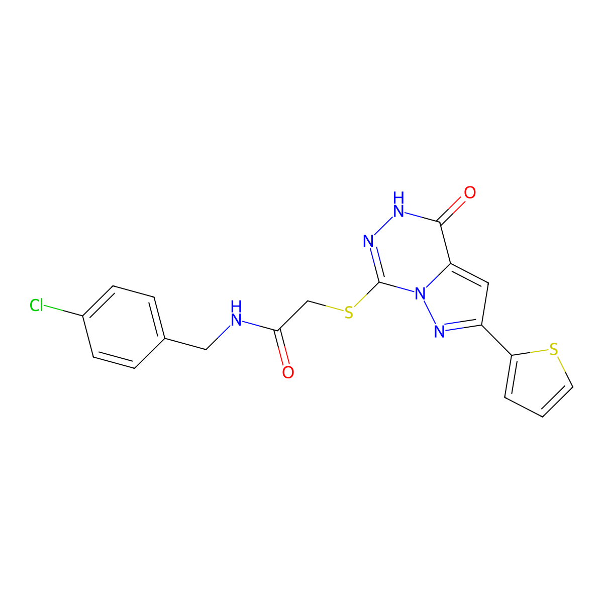 N-(4-chlorobenzyl)-2-((oxo-8-(thiophen-2-yl)dihydropyrazolo[1,5-d][1,2,4]triazin-2-yl)thio)acetamide molecular structure, CAS 1207013-17-9
