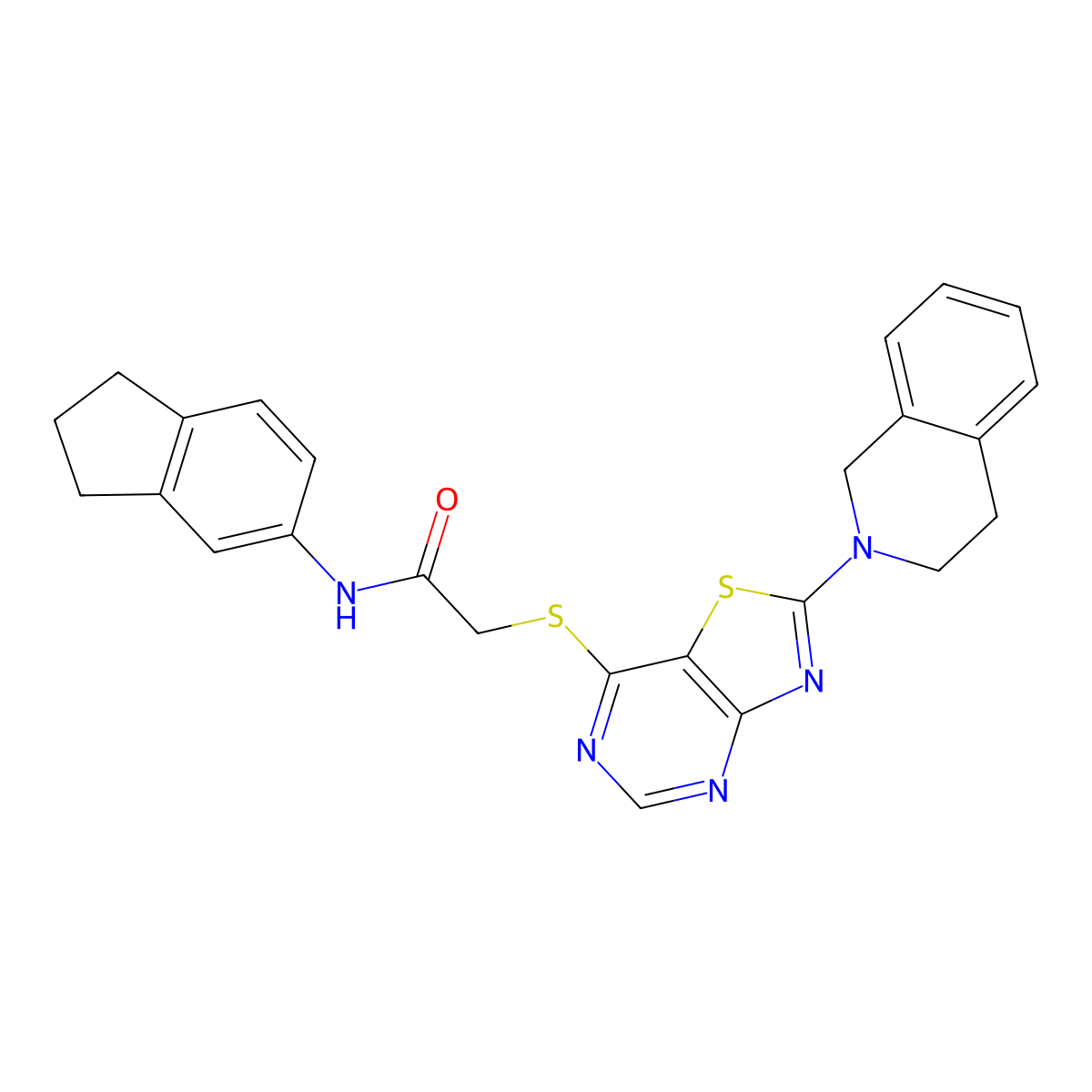 N-(2,3-dihydro-1H-inden-5-yl)-2-((2-(3,4-dihydroisoquinolin-2(1H)-yl)thiazolo[4,5-d]pyrimidin-7-yl)thio)acetamide molecular structure, CAS 1207013-61-3