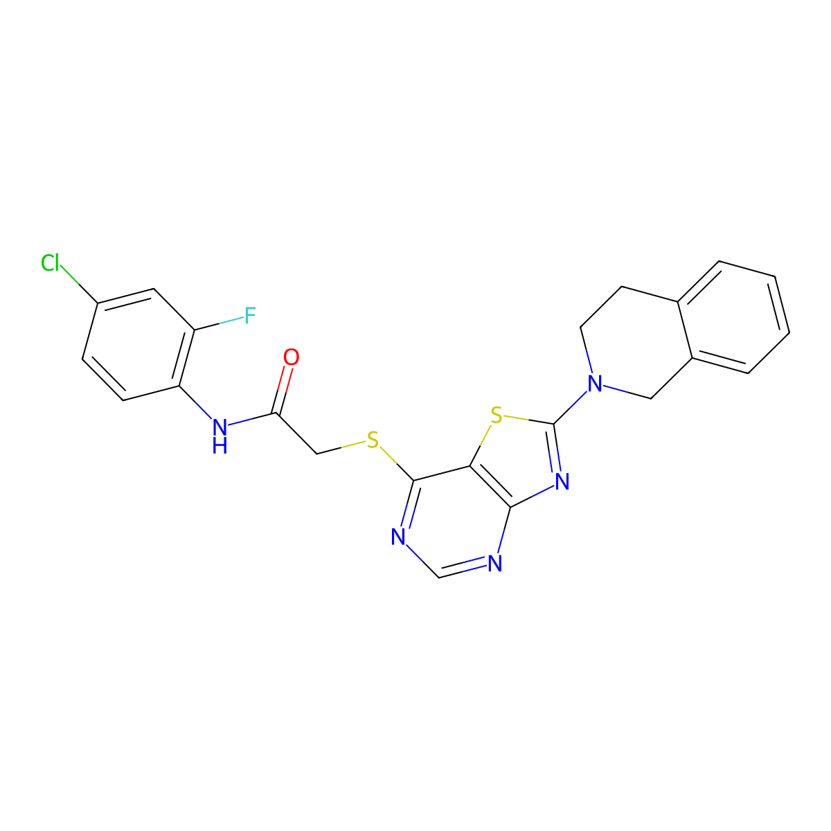 N-(4-chloro-2-fluorophenyl)-2-((2-(3,4-dihydroisoquinolin-2(1H)-yl)thiazolo[4,5-d]pyrimidin-7-yl)thio)acetamide molecular structure, CAS 1207013-69-1