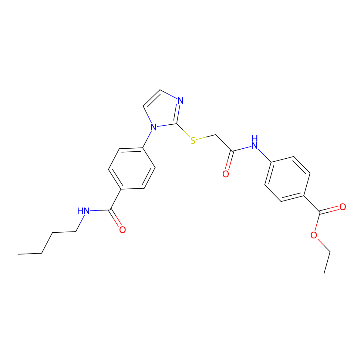 ethyl 4-(2-((1-(4-(butylcarbamoyl)phenyl)-1H-imidazol-2-yl)thio)acetamido)benzoate molecular structure, CAS 1207013-79-3