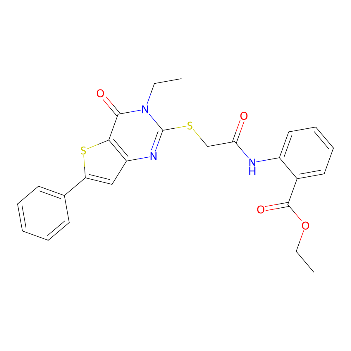 ethyl 2-[2-({3-ethyl-4-oxo-6-phenyl-3H,4H-thieno[3,2-d]pyrimidin-2-yl}sulfanyl)acetamido]benzoate molecular structure, CAS 1207013-82-8