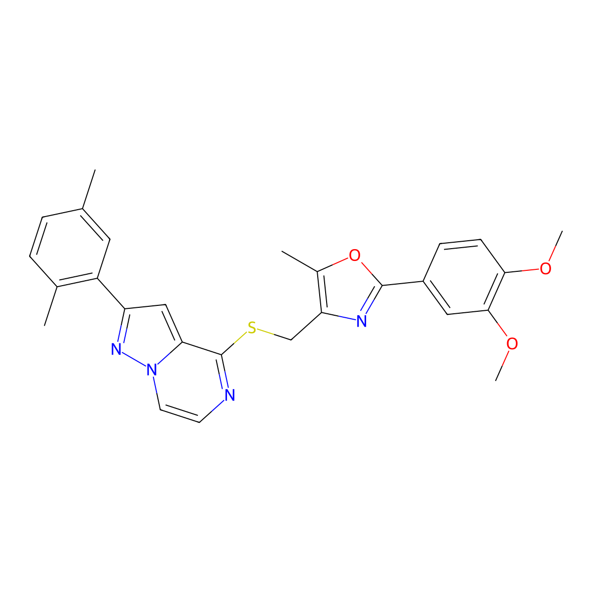 2-(3,4-Dimethoxyphenyl)-4-({[2-(2,5-dimethylphenyl)pyrazolo[1,5-A]pyrazin-4-YL]sulfanyl}methyl)-5-methyl-1,3-oxazole molecular structure, CAS 1207013-87-3