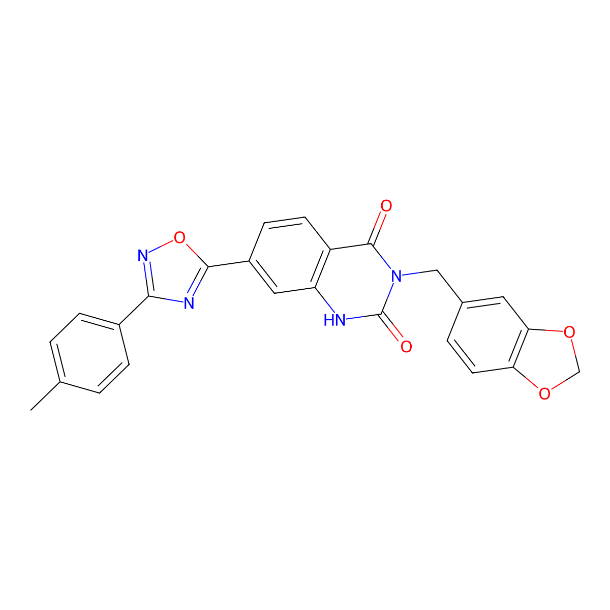 3-(1,3-benzodioxol-5-ylmethyl)-7-[3-(4-methylphenyl)-1,2,4-oxadiazol-5-yl]quinazoline-2,4(1H,3H)-dione molecular structure, CAS 1207013-88-4