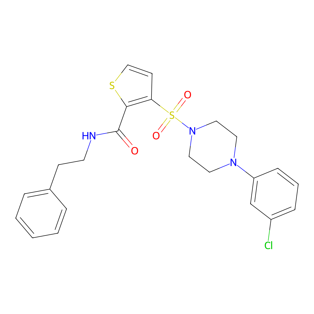 3-{[4-(3-chlorophenyl)piperazin-1-yl]sulfonyl}-N-(2-phenylethyl)thiophene-2-carboxamide molecular structure, CAS 1207013-95-3