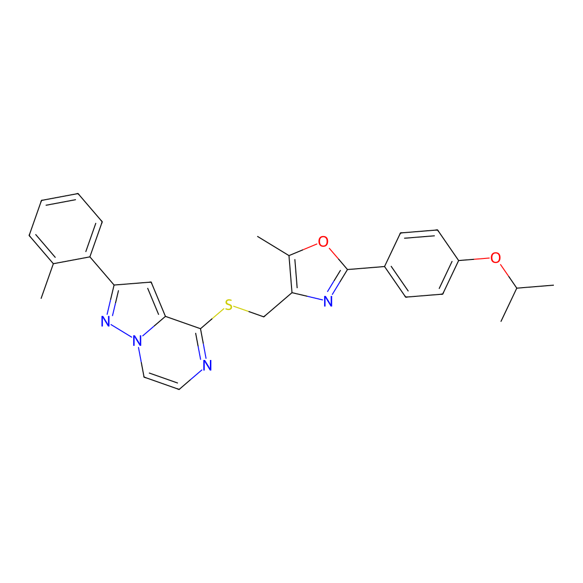 4-({[2-(4-Isopropoxyphenyl)-5-methyl-1,3-oxazol-4-yl]methyl}thio)-2-(2-methylphenyl)pyrazolo[1,5-a]pyrazine molecular structure, CAS 1207014-21-8