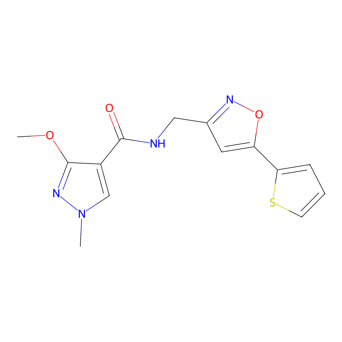 3-methoxy-1-methyl-N-((5-(thiophen-2-yl)isoxazol-3-yl)methyl)-1H-pyrazole-4-carboxamide molecular structure, CAS 1207014-25-2