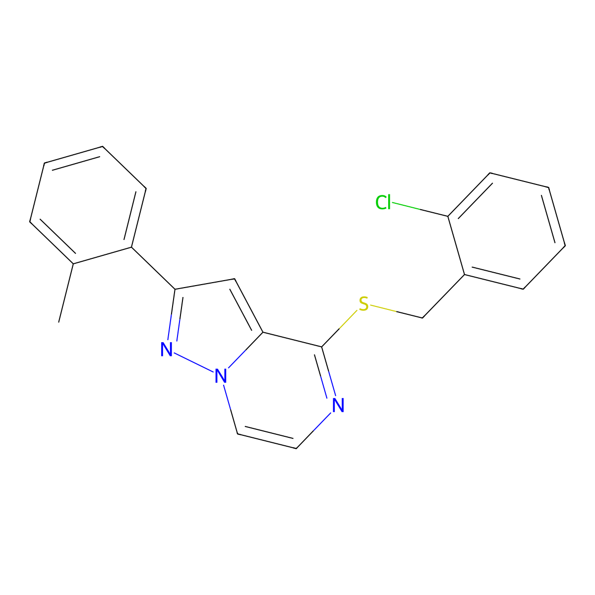 4-((2-Chlorobenzyl)thio)-2-(o-tolyl)pyrazolo[1,5-a]pyrazine molecular structure, CAS 1207014-30-9