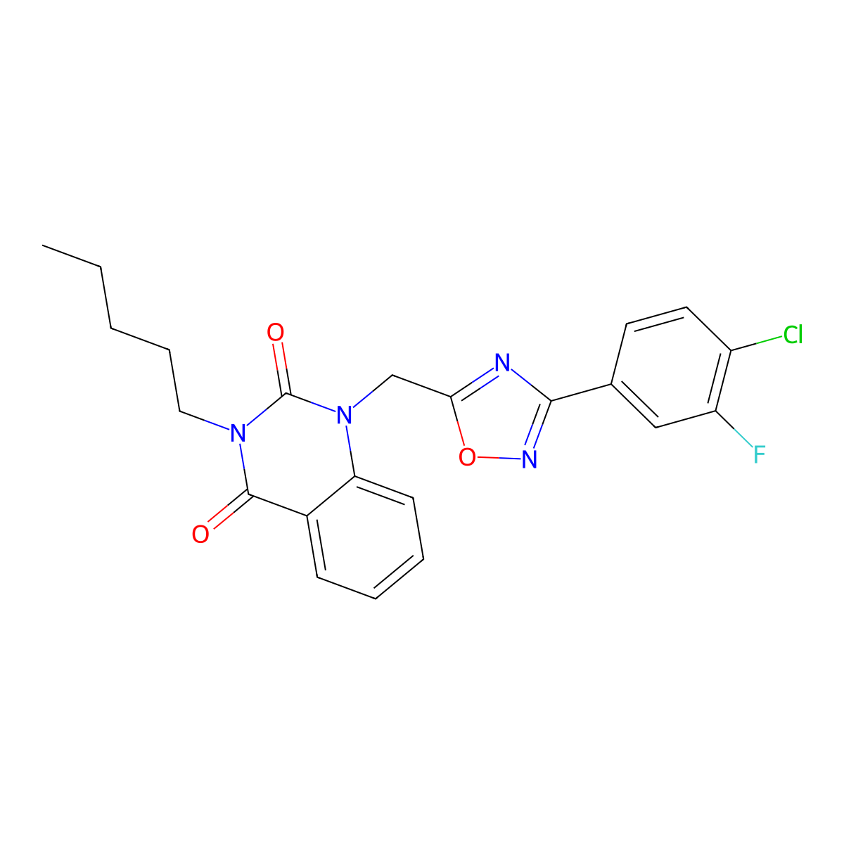 1-((3-(4-chloro-3-fluorophenyl)-1,2,4-oxadiazol-5-yl)methyl)-3-pentylquinazoline-2,4(1H,3H)-dione molecular structure, CAS 1207014-42-3