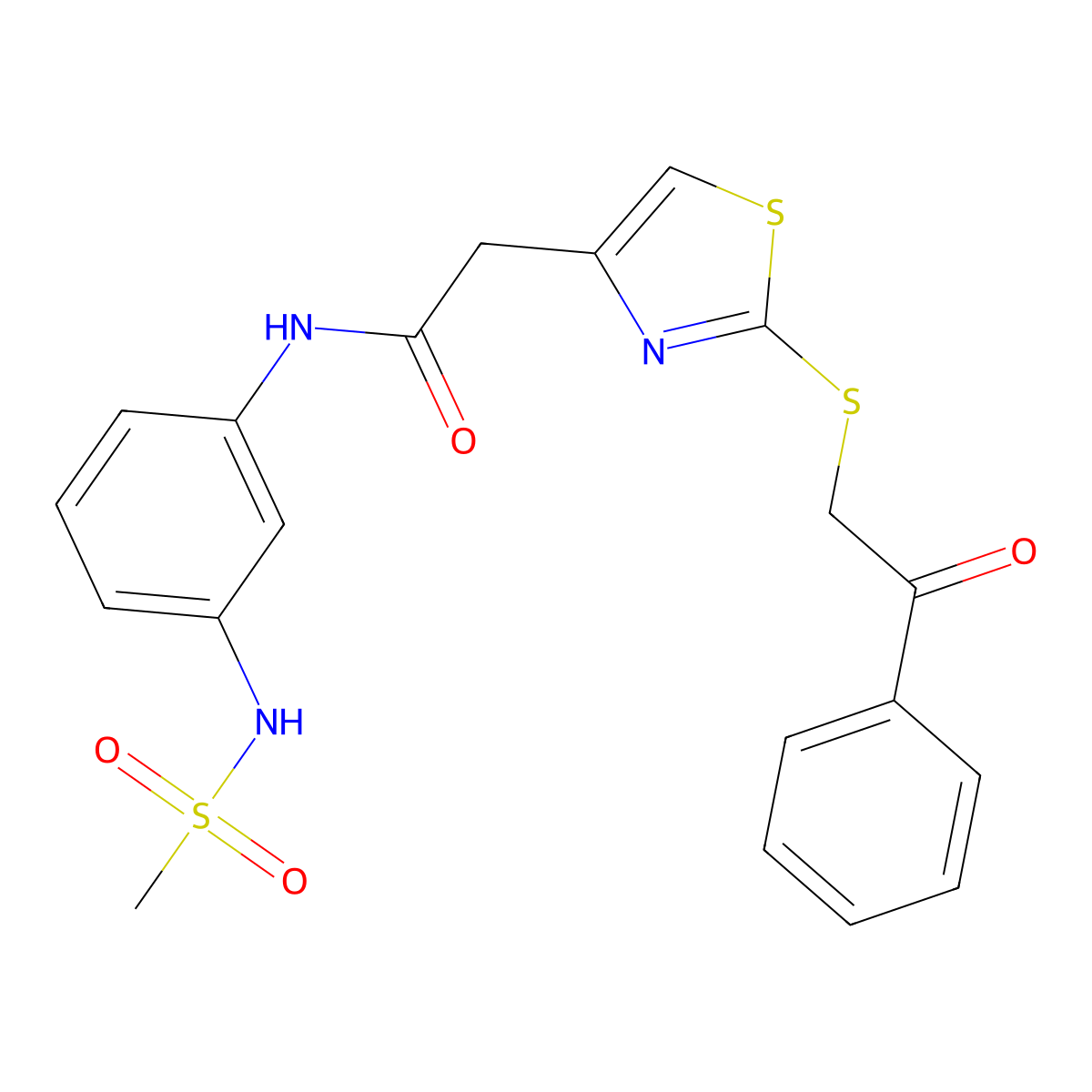 N-(3-methanesulfonamidophenyl)-2-{2-[(2-oxo-2-phenylethyl)sulfanyl]-1,3-thiazol-4-yl}acetamide molecular structure, CAS 1207014-48-9