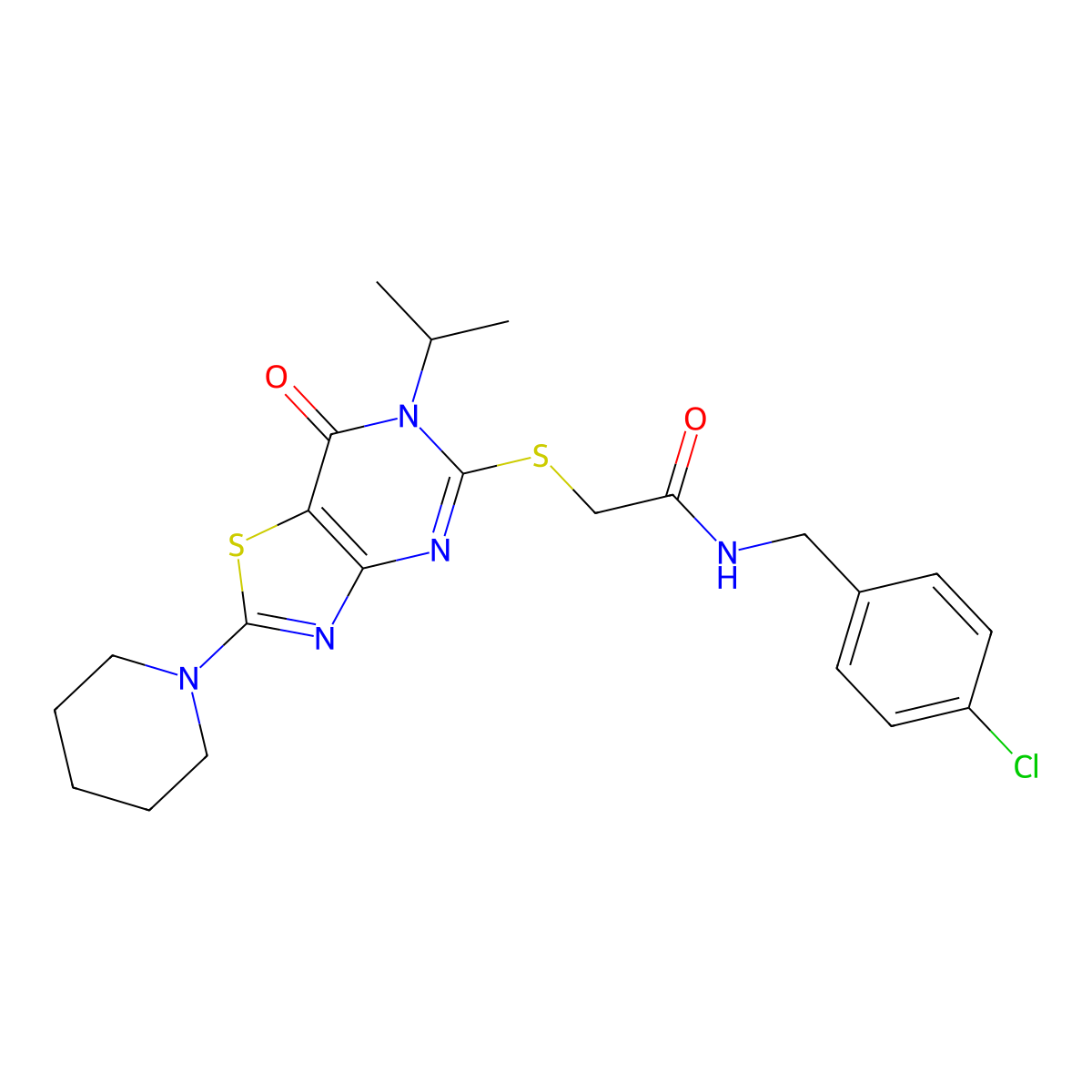 N~1~-(4-chlorobenzyl)-2-[(6-isopropyl-7-oxo-2-piperidino-6,7-dihydro[1,3]thiazolo[4,5-d]pyrimidin-5-yl)sulfanyl]acetamide molecular structure, CAS 1207014-62-7