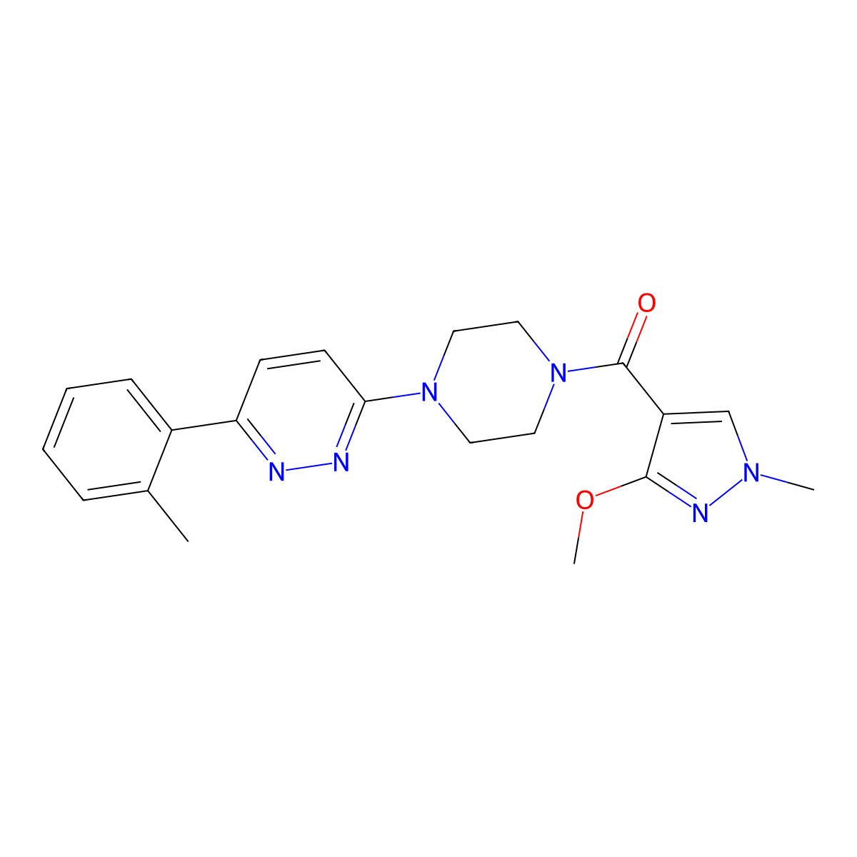 (3-methoxy-1-methyl-1H-pyrazol-4-yl)(4-(6-(o-tolyl)pyridazin-3-yl)piperazin-1-yl)methanone molecular structure, CAS 1207014-73-0