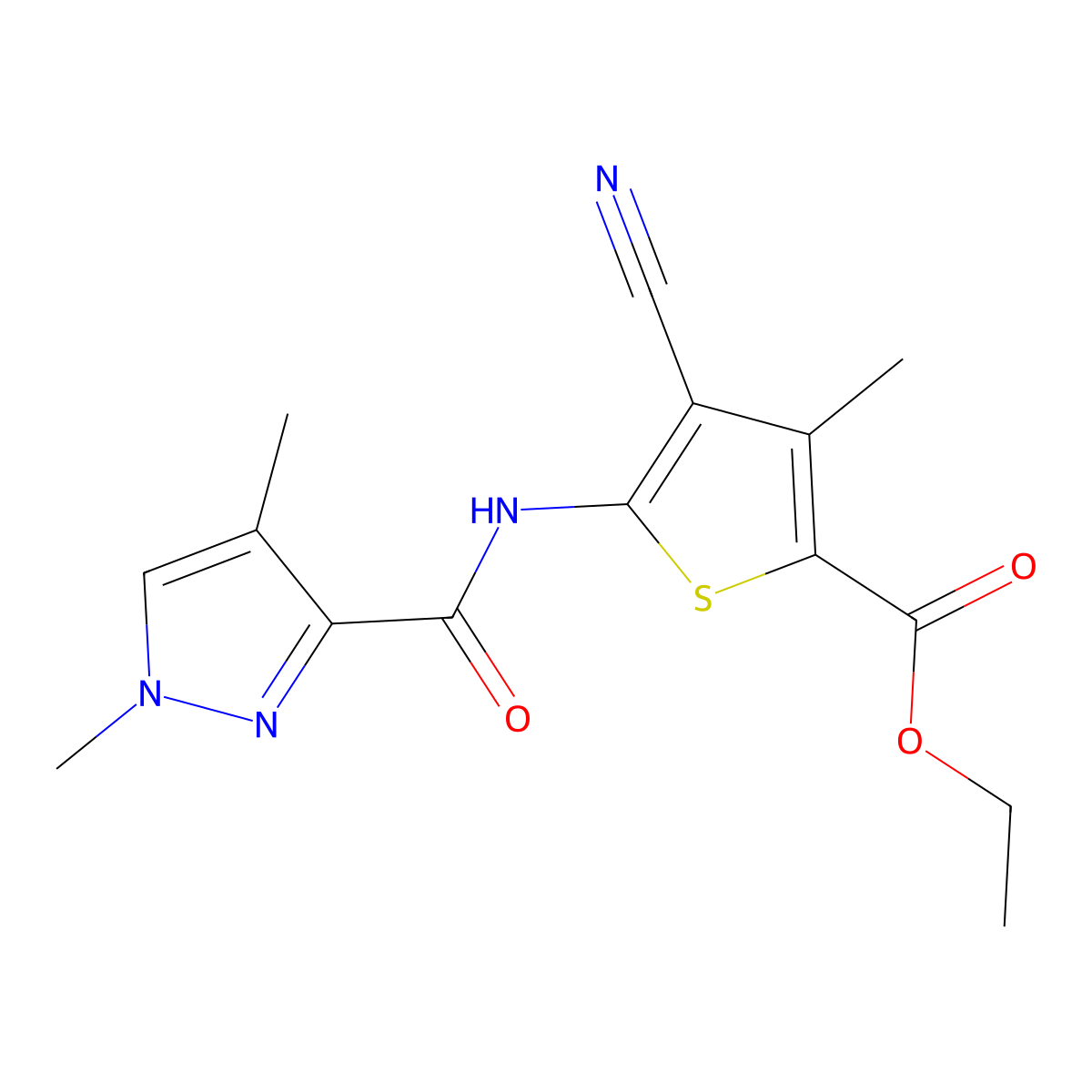 ethyl 4-cyano-5-(1,4-dimethyl-1H-pyrazole-3-carboxamido)-3-methylthiophene-2-carboxylate molecular structure, CAS 1207014-84-3