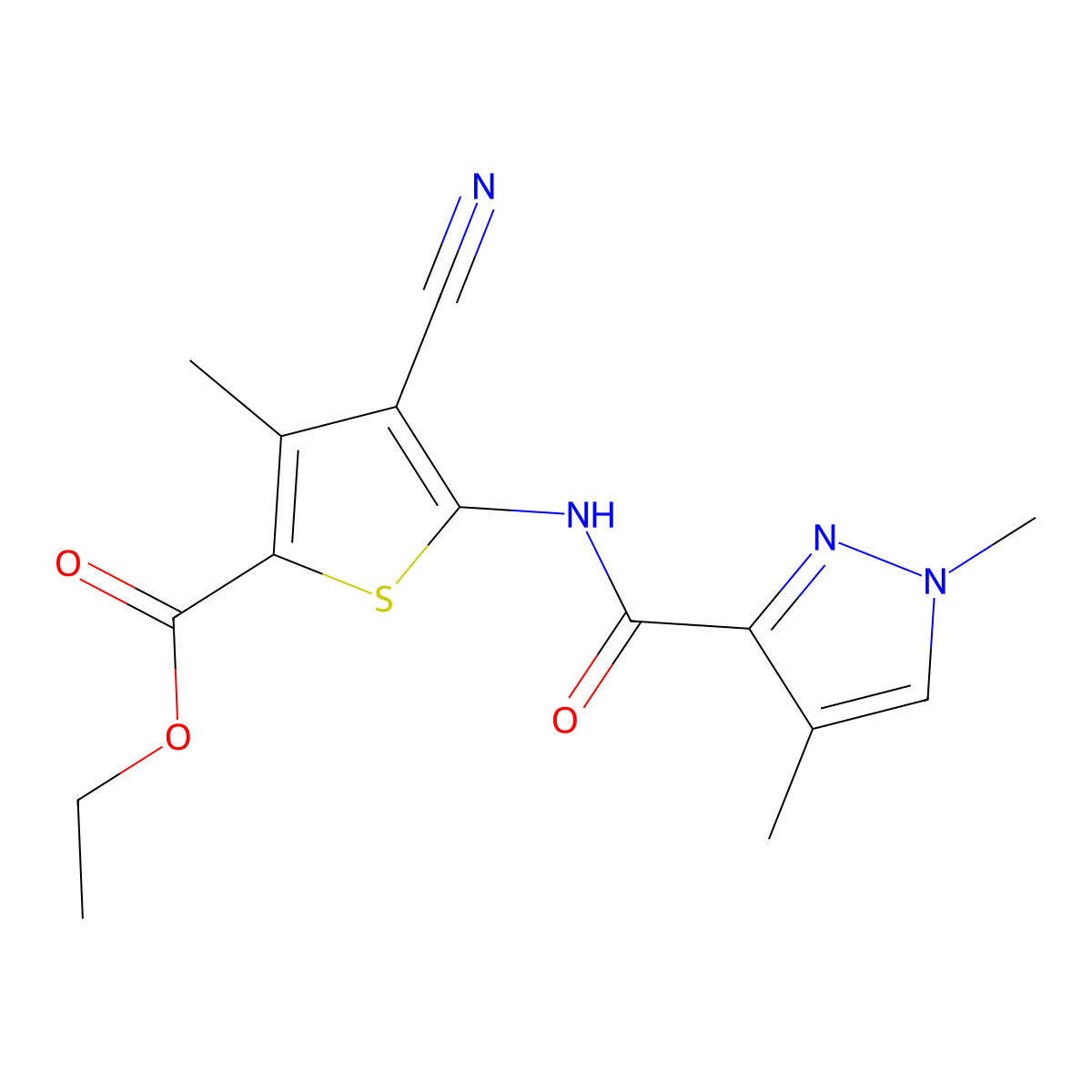 ethyl 4-cyano-5-(1,4-dimethyl-1H-pyrazole-3-carboxamido)-3-methylthiophene-2-carboxylate molecular structure, CAS 1207014-84-3