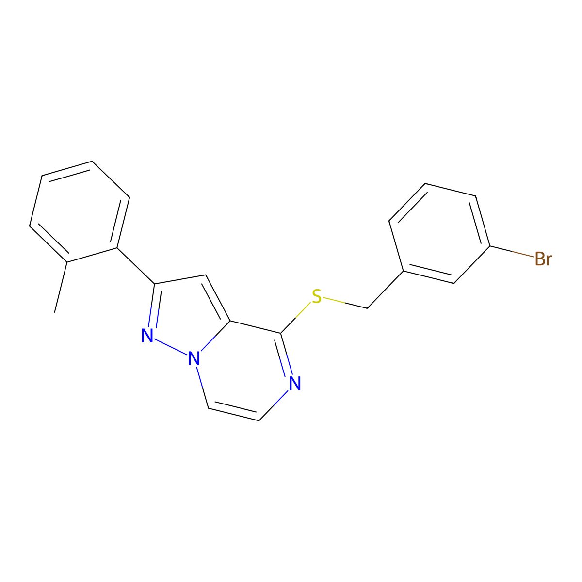 4-[(3-Bromobenzyl)thio]-2-(2-methylphenyl)pyrazolo[1,5-a]pyrazine molecular structure, CAS 1207014-96-7