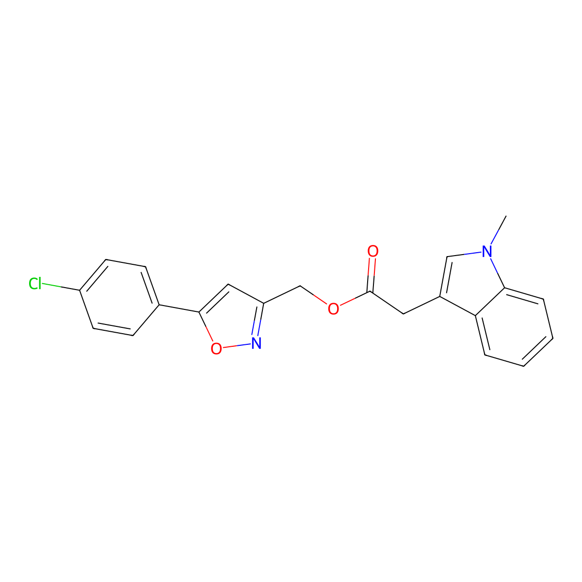 (5-(4-chlorophenyl)isoxazol-3-yl)methyl 2-(1-methyl-1H-indol-3-yl)acetate molecular structure, CAS 1207015-00-6