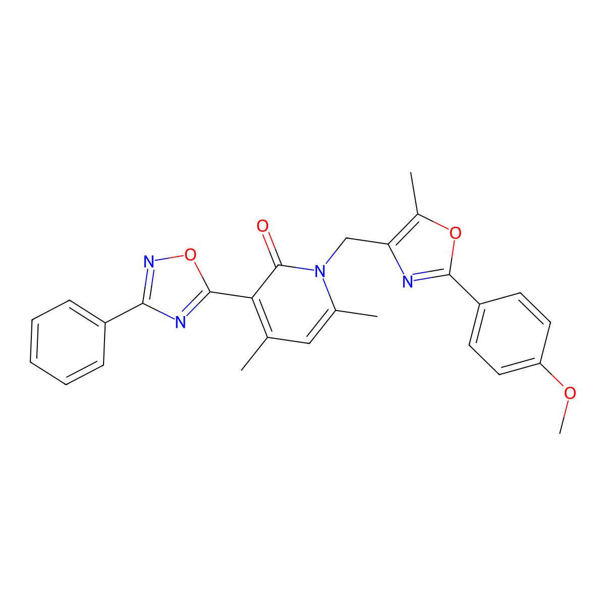 1-{[2-(4-Methoxyphenyl)-5-methyl-1,3-oxazol-4-yl]methyl}-4,6-dimethyl-3-(3-phenyl-1,2,4-oxadiazol-5-yl)-1,2-dihydropyridin-2-one molecular structure, CAS 1207015-03-9