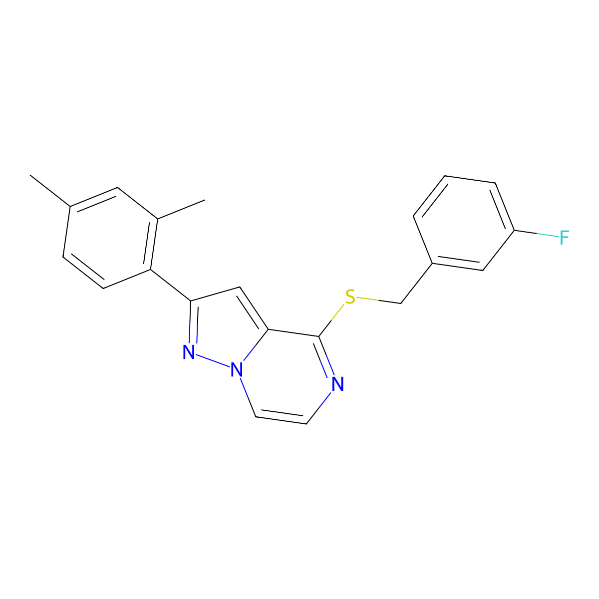 2-(2,4-Dimethylphenyl)-4-[(3-fluorobenzyl)thio]pyrazolo[1,5-a]pyrazine molecular structure, CAS 1207015-05-1