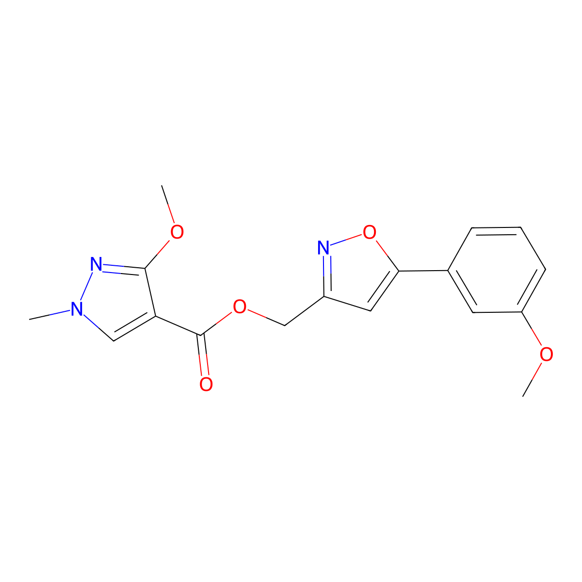 (5-(3-methoxyphenyl)isoxazol-3-yl)methyl 3-methoxy-1-methyl-1H-pyrazole-4-carboxylate molecular structure, CAS 1207015-09-5