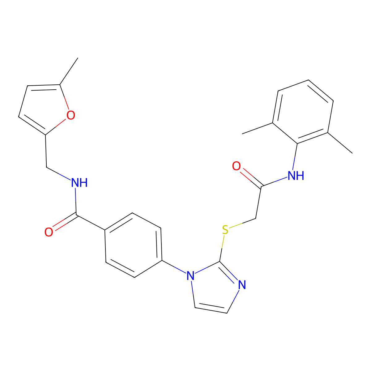 4-(2-((2-((2,6-dimethylphenyl)amino)-2-oxoethyl)thio)-1H-imidazol-1-yl)-N-((5-methylfuran-2-yl)methyl)benzamide molecular structure, CAS 1207015-60-8