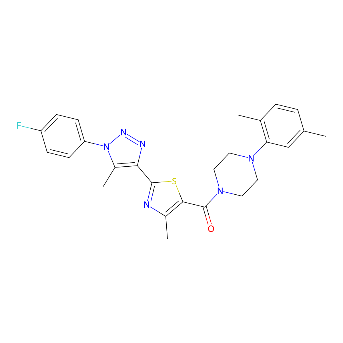 (4-(2,5-dimethylphenyl)piperazin-1-yl)(2-(1-(4-fluorophenyl)-5-methyl-1H-1,2,3-triazol-4-yl)-4-methylthiazol-5-yl)methanone molecular structure, CAS 1207015-75-5