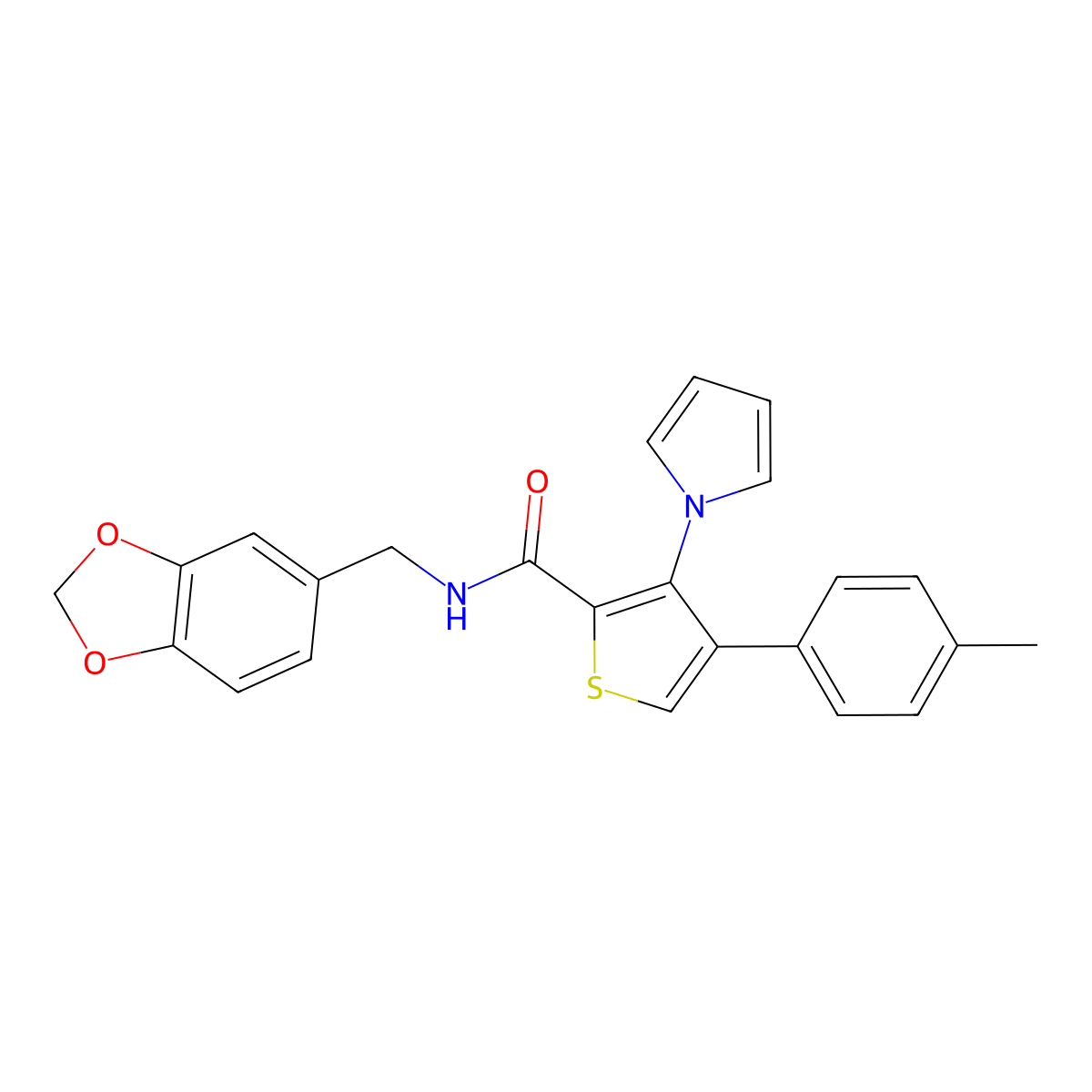N-(1,3-benzodioxol-5-ylmethyl)-4-(4-methylphenyl)-3-(1H-pyrrol-1-yl)thiophene-2-carboxamide molecular structure, CAS 1207015-83-5