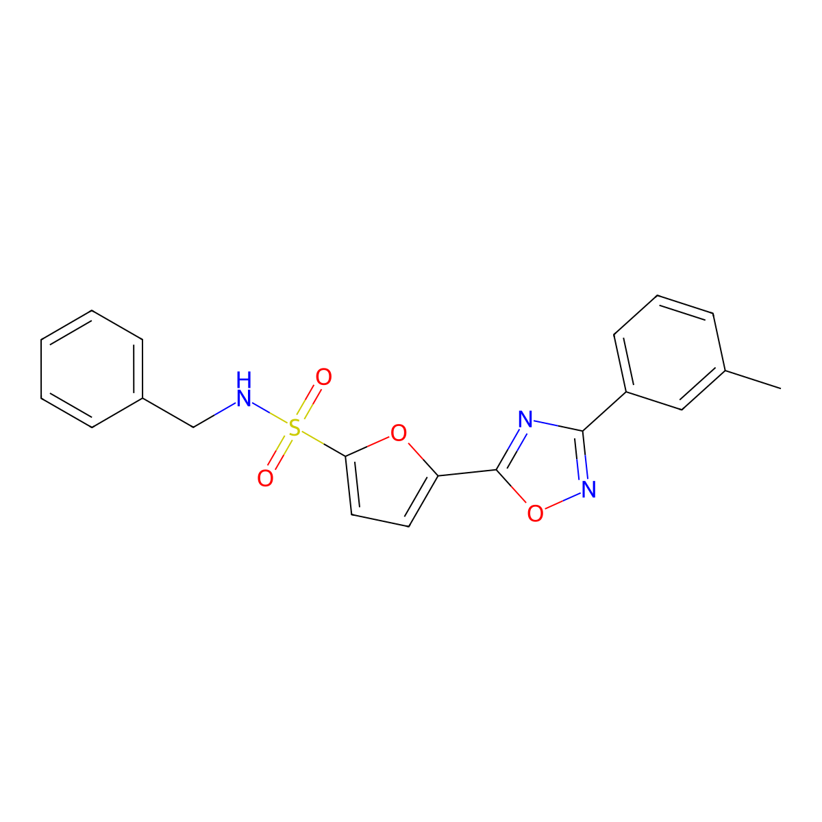N-benzyl-5-(3-(m-tolyl)-1,2,4-oxadiazol-5-yl)furan-2-sulfonamide molecular structure, CAS 1207016-26-9