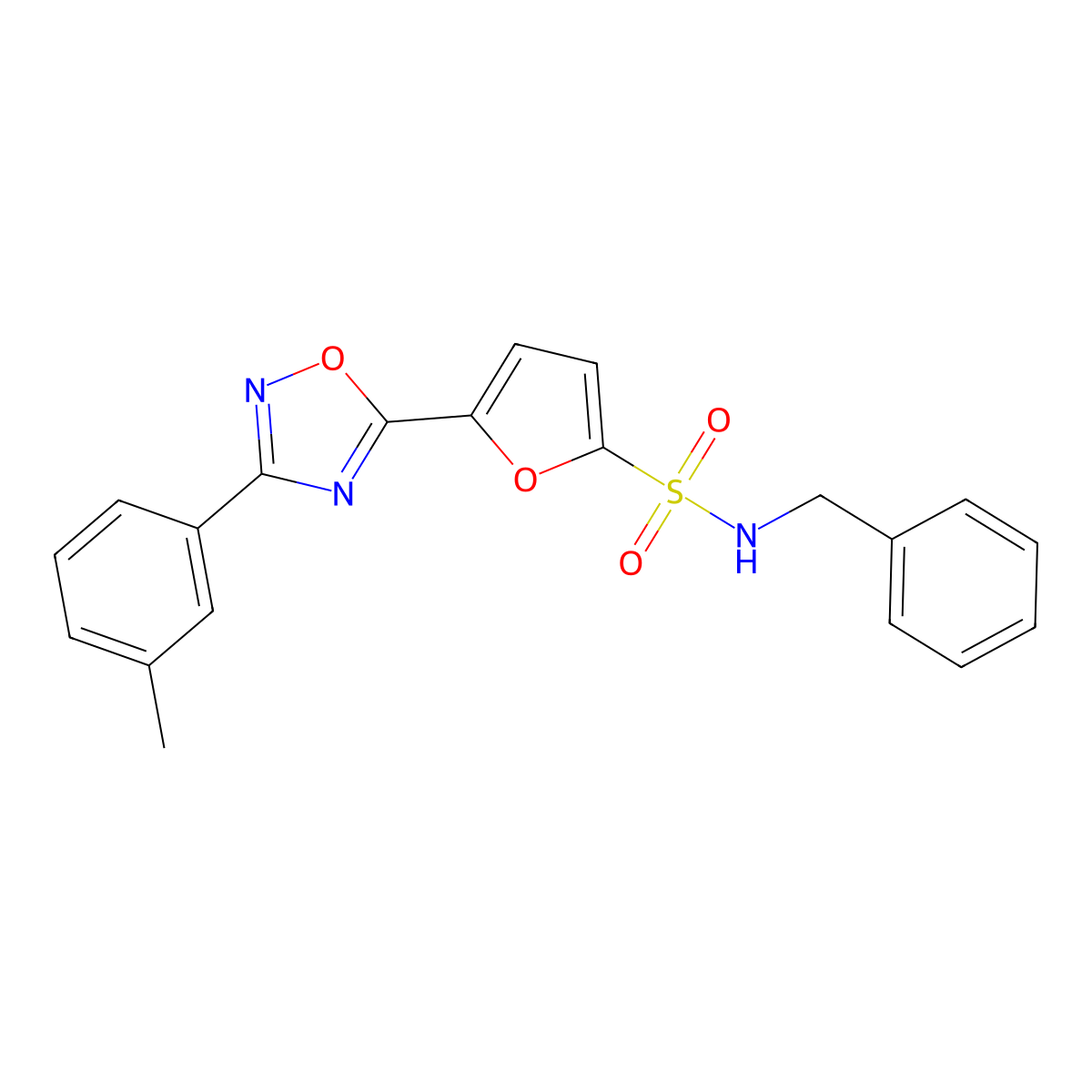 N-benzyl-5-(3-(m-tolyl)-1,2,4-oxadiazol-5-yl)furan-2-sulfonamide molecular structure, CAS 1207016-26-9