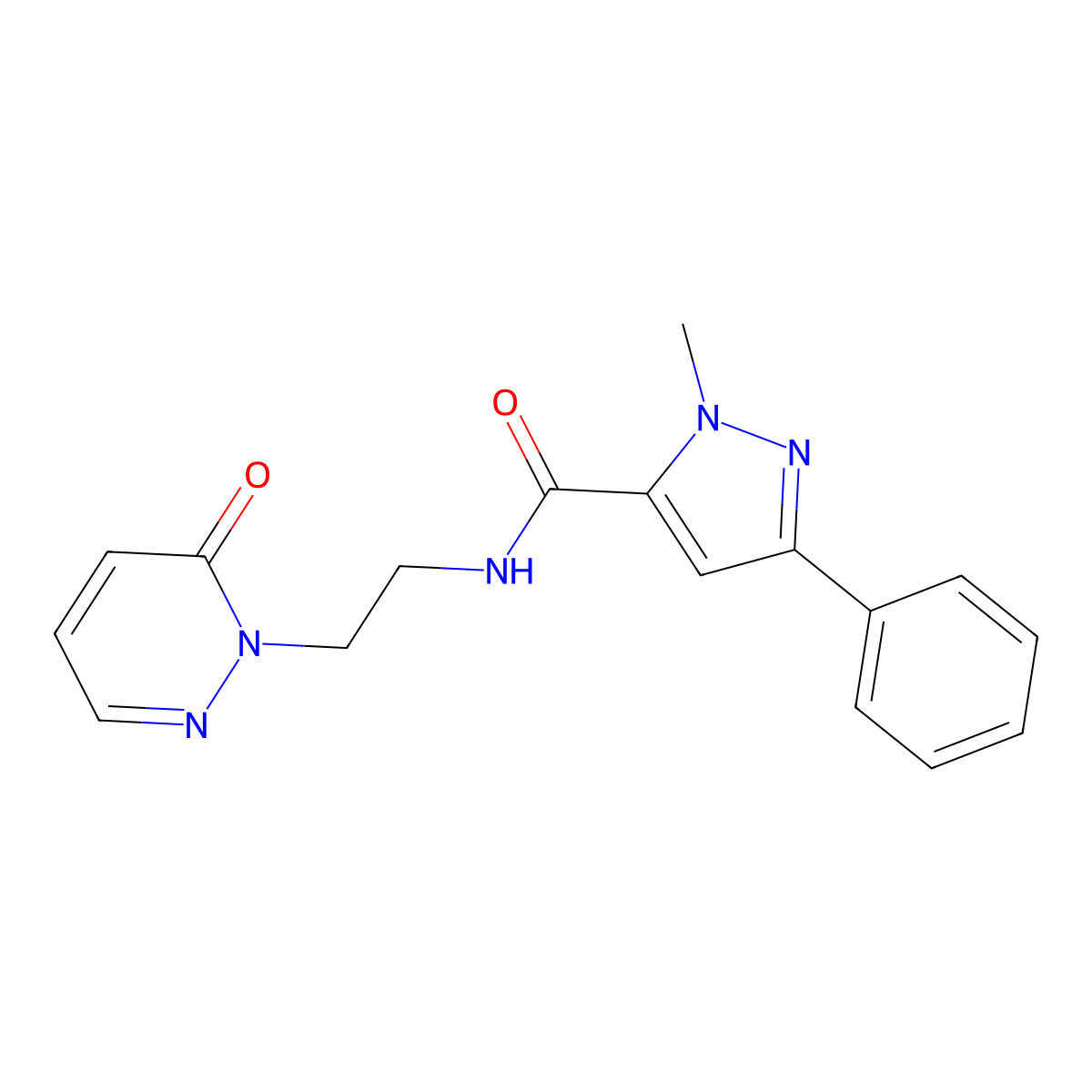 1-methyl-N-[2-(6-oxo-1,6-dihydropyridazin-1-yl)ethyl]-3-phenyl-1H-pyrazole-5-carboxamide molecular structure, CAS 1207016-42-9