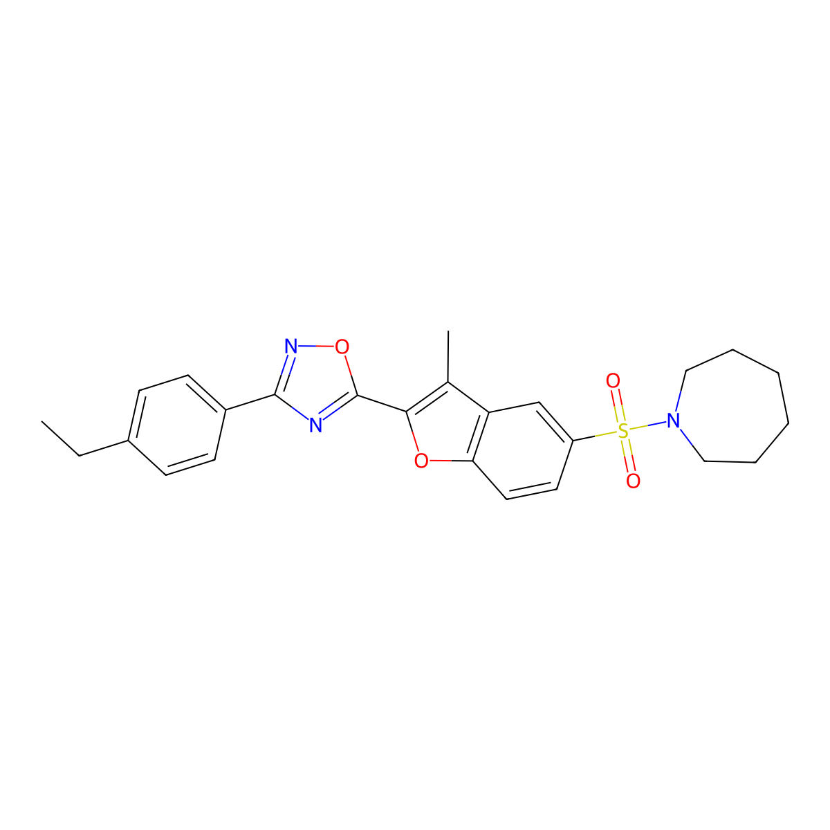 1-({2-[3-(4-Ethylphenyl)-1,2,4-oxadiazol-5-yl]-3-methyl-1-benzofuran-5-yl}sulfonyl)azepane molecular structure, CAS 1207016-82-7