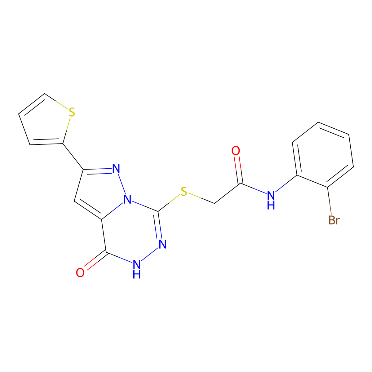 N-(2-bromophenyl)-2-((oxo-8-(thiophen-2-yl)dihydropyrazolo[1,5-d][1,2,4]triazin-2-yl)thio)acetamide molecular structure, CAS 1207016-94-1