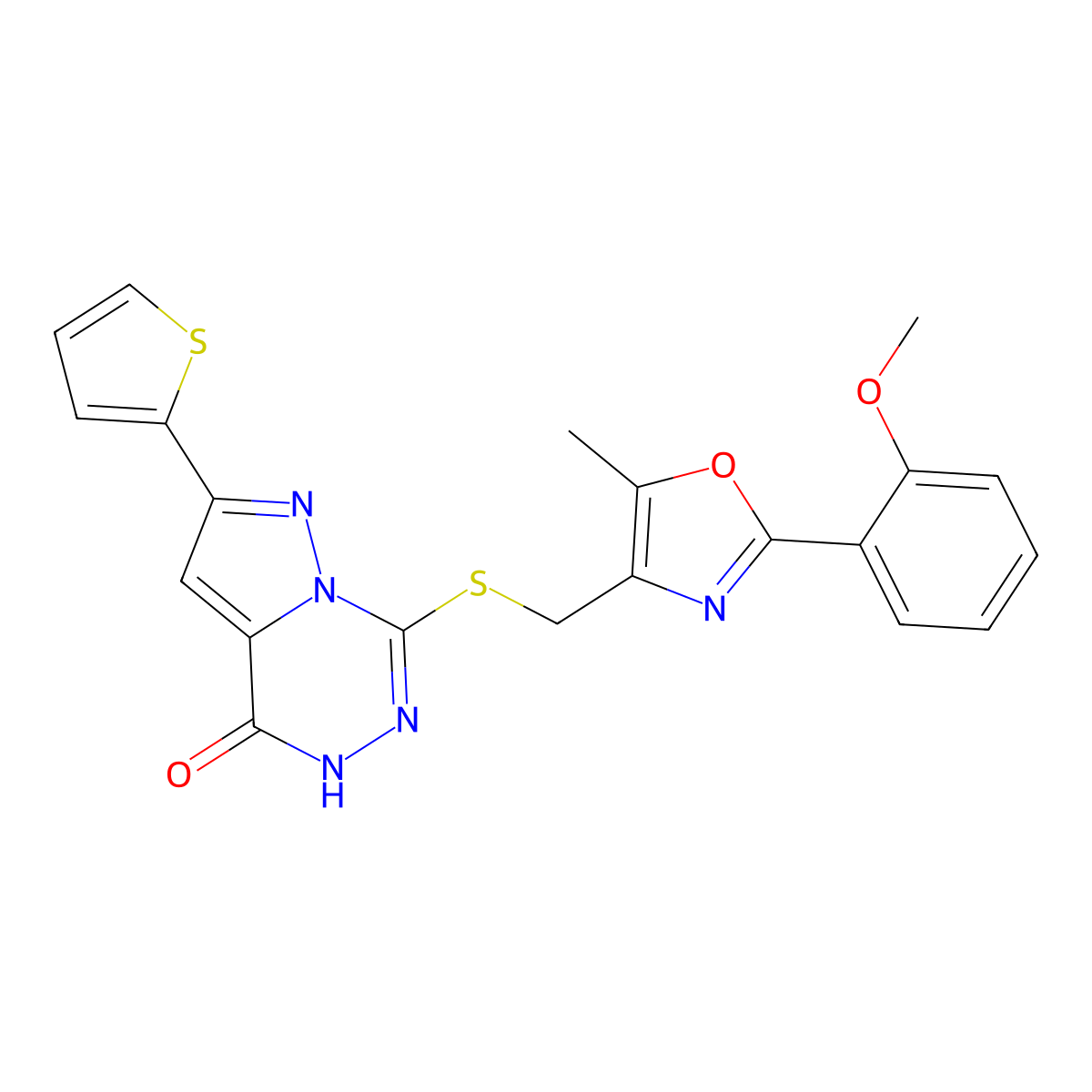 7-({[2-(2-methoxyphenyl)-5-methyl-1,3-oxazol-4-yl]methyl}sulfanyl)-2-(thiophen-2-yl)-4H,5H-pyrazolo[1,5-d][1,2,4]triazin-4-one molecular structure, CAS 1207016-98-5