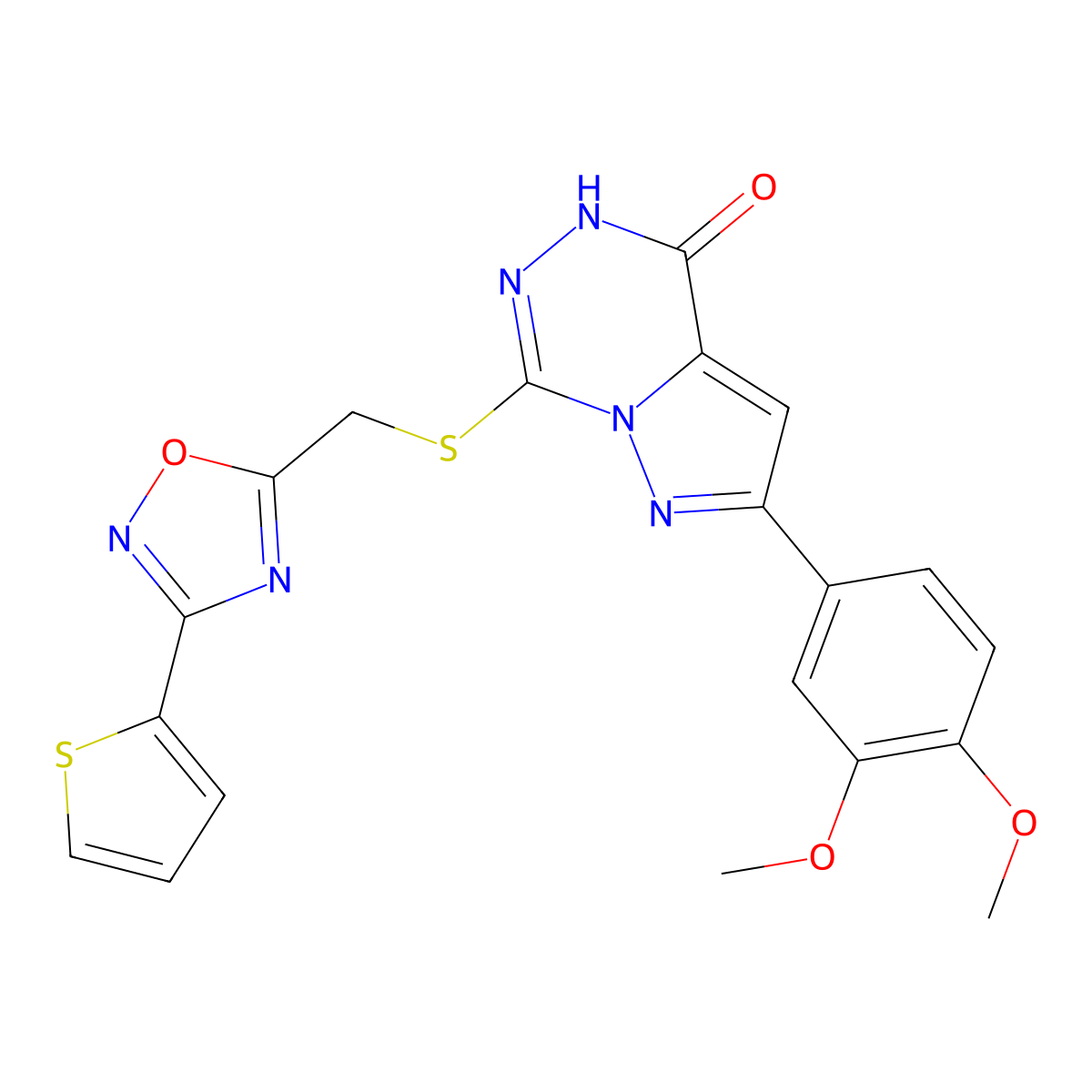 2-(3,4-dimethoxyphenyl)-7-({[3-(2-thienyl)-1,2,4-oxadiazol-5-yl]methyl}thio)pyrazolo[1,5-d][1,2,4]triazin-4(5H)-one molecular structure, CAS 1207017-14-8