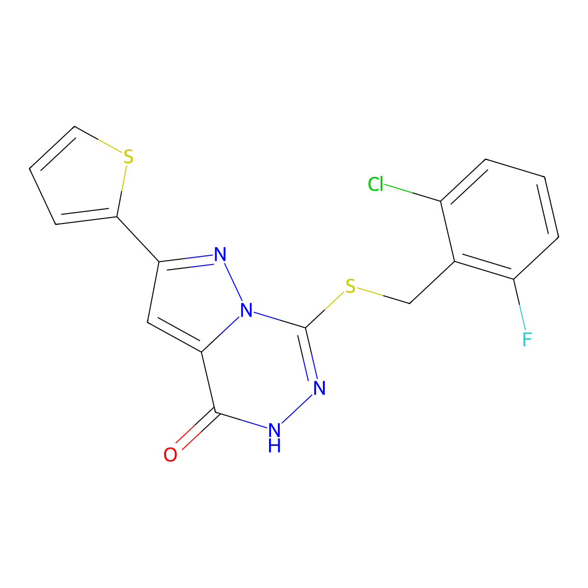 7-[(2-chloro-6-fluorobenzyl)thio]-2-(2-thienyl)pyrazolo[1,5-d][1,2,4]triazin-4(5H)-one molecular structure, CAS 1207017-18-2