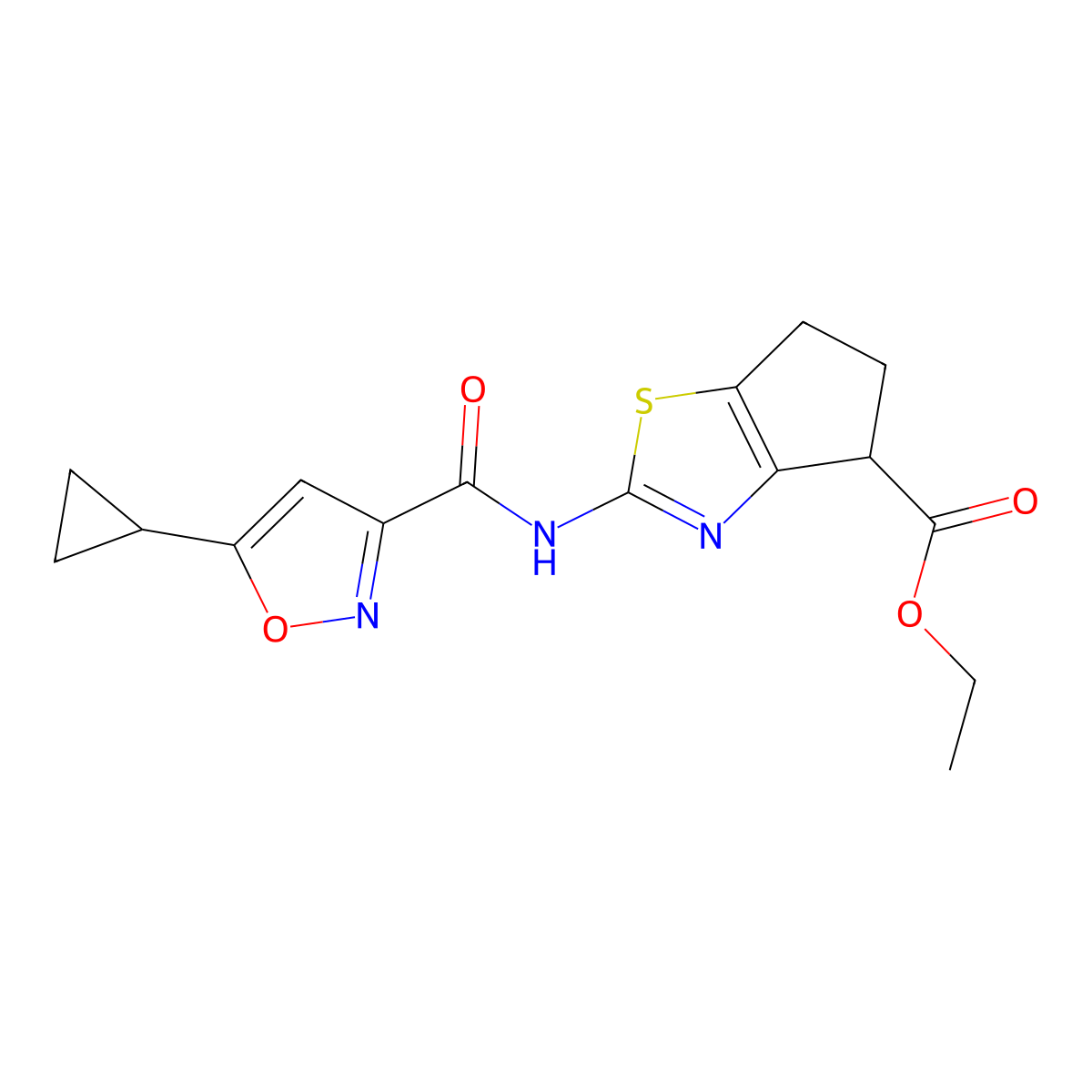 ethyl 2-(5-cyclopropylisoxazole-3-carboxamido)-5,6-dihydro-4H-cyclopenta[d]thiazole-4-carboxylate molecular structure, CAS 1207017-60-4