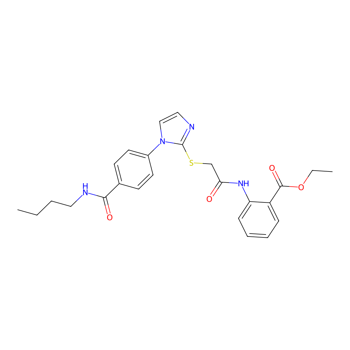 ethyl 2-(2-((1-(4-(butylcarbamoyl)phenyl)-1H-imidazol-2-yl)thio)acetamido)benzoate molecular structure, CAS 1207017-79-5