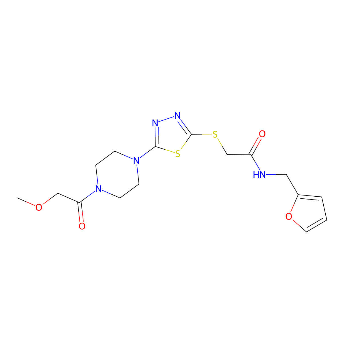 N-(furan-2-ylmethyl)-2-((5-(4-(2-methoxyacetyl)piperazin-1-yl)-1,3,4-thiadiazol-2-yl)thio)acetamide molecular structure, CAS 1207017-99-9
