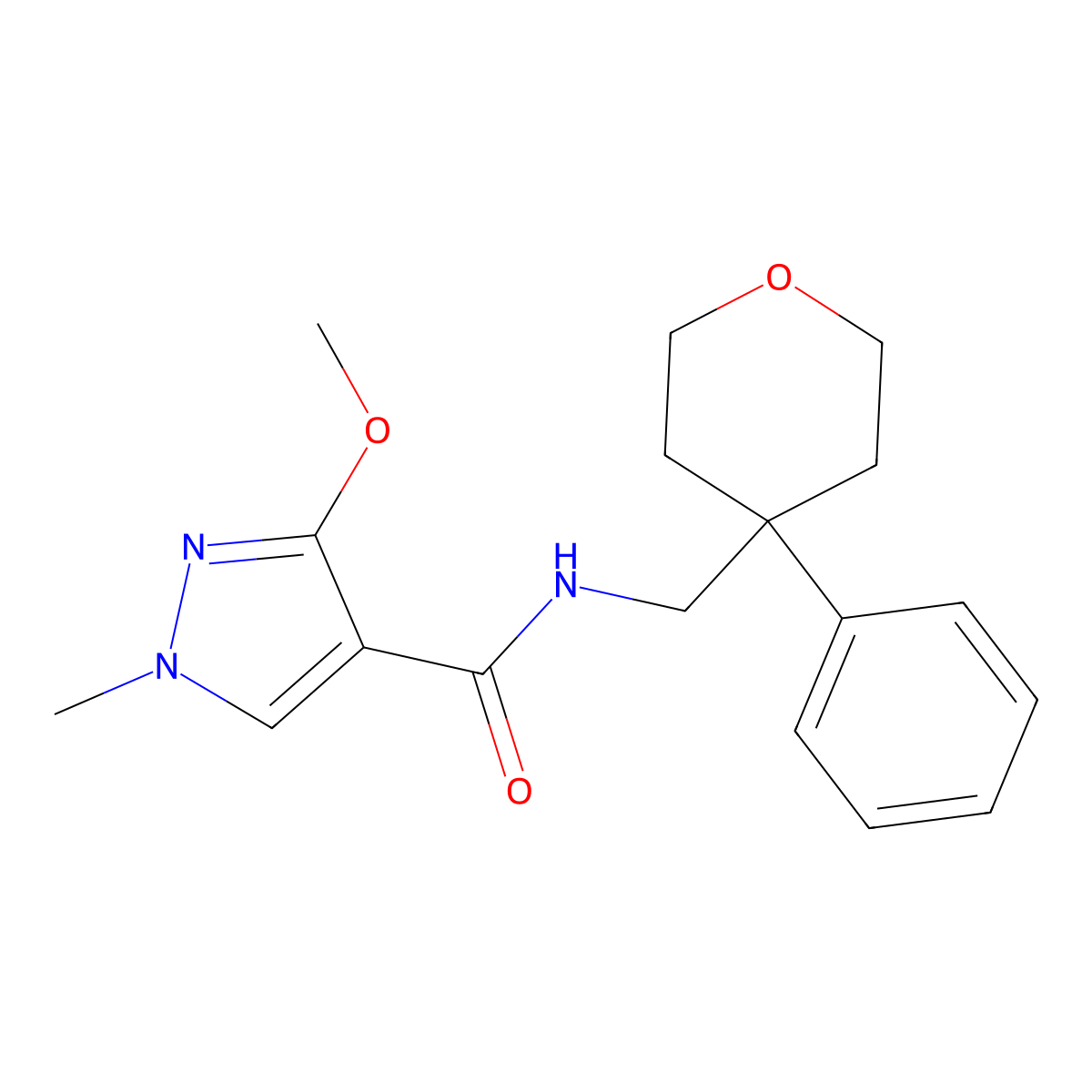 3-methoxy-1-methyl-N-((4-phenyltetrahydro-2H-pyran-4-yl)methyl)-1H-pyrazole-4-carboxamide molecular structure, CAS 1207018-00-5