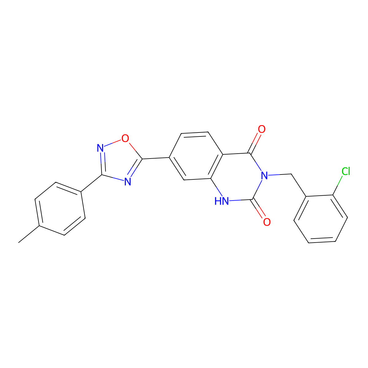 3-(2-chlorobenzyl)-7-(3-(p-tolyl)-1,2,4-oxadiazol-5-yl)quinazoline-2,4(1H,3H)-dione molecular structure, CAS 1207018-04-9