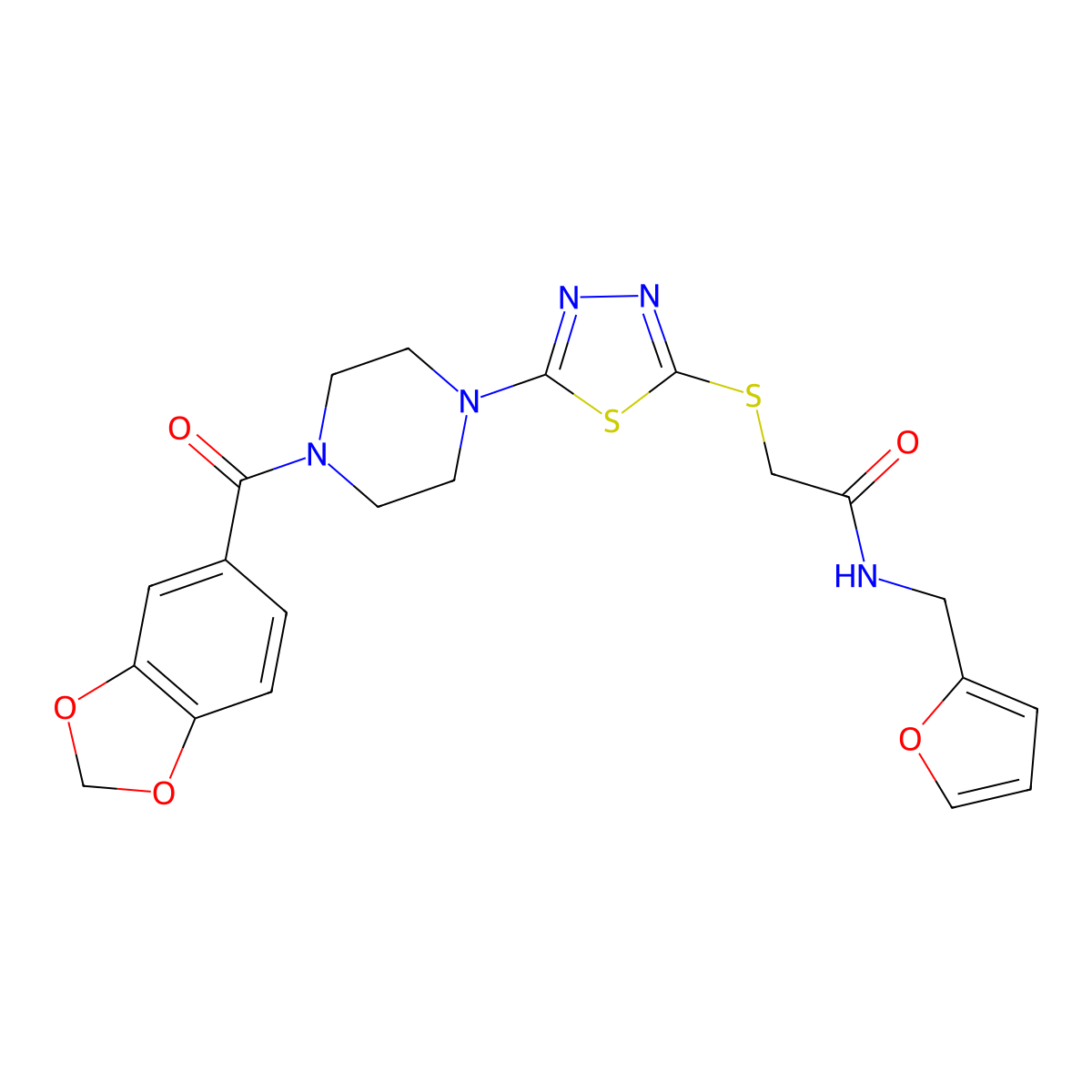 2-((5-(4-(benzo[d][1,3]dioxole-5-carbonyl)piperazin-1-yl)-1,3,4-thiadiazol-2-yl)thio)-N-(furan-2-ylmethyl)acetamide molecular structure, CAS 1207018-05-0