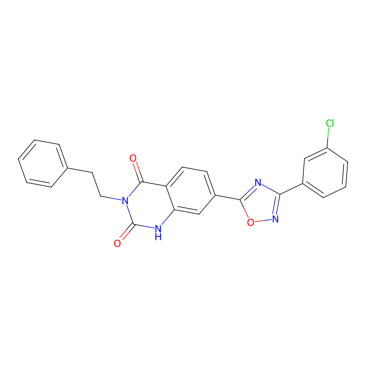 7-(3-(3-chlorophenyl)-1,2,4-oxadiazol-5-yl)-3-phenethylquinazoline-2,4(1H,3H)-dione molecular structure, CAS 1207018-09-4