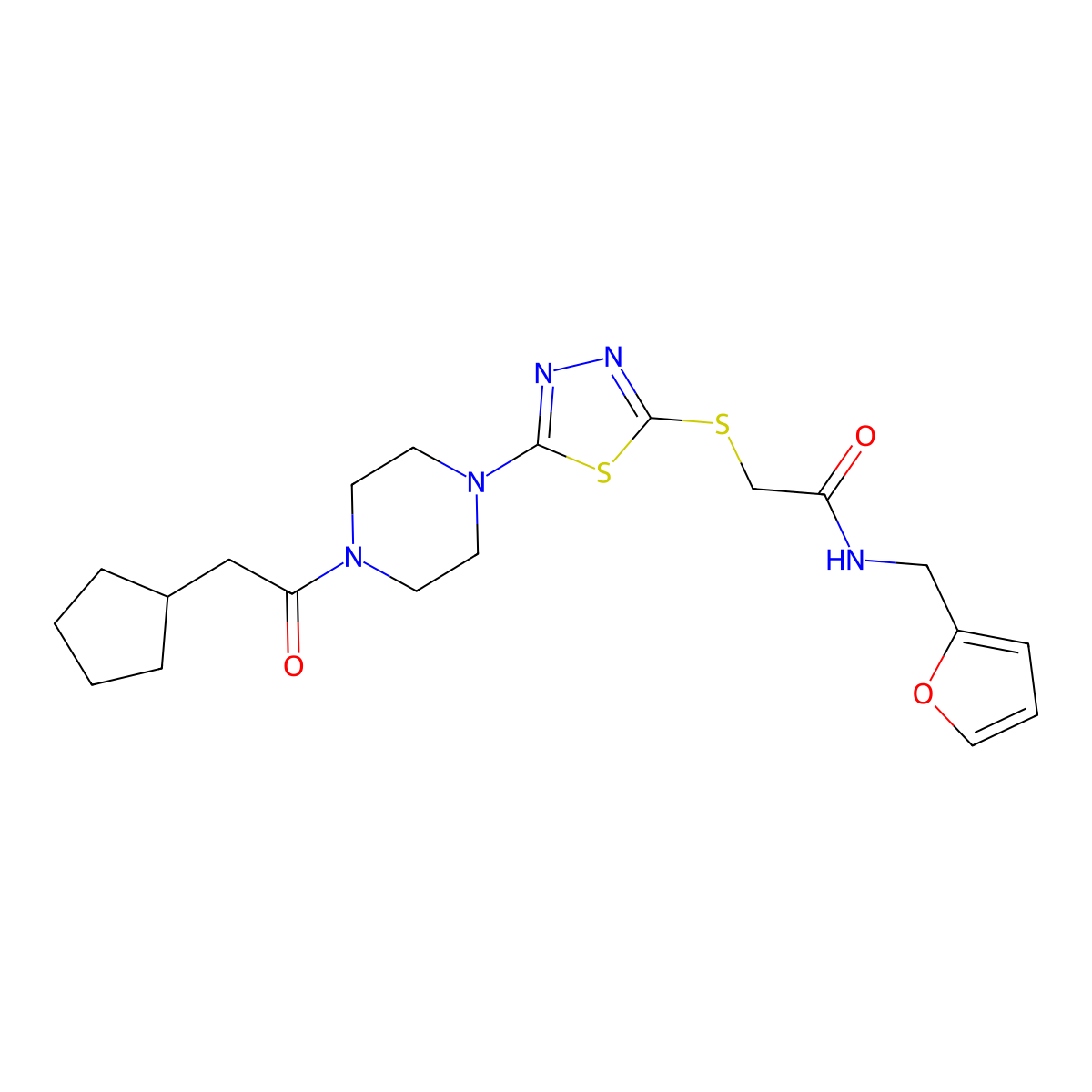 2-((5-(4-(2-cyclopentylacetyl)piperazin-1-yl)-1,3,4-thiadiazol-2-yl)thio)-N-(furan-2-ylmethyl)acetamide molecular structure, CAS 1207018-14-1