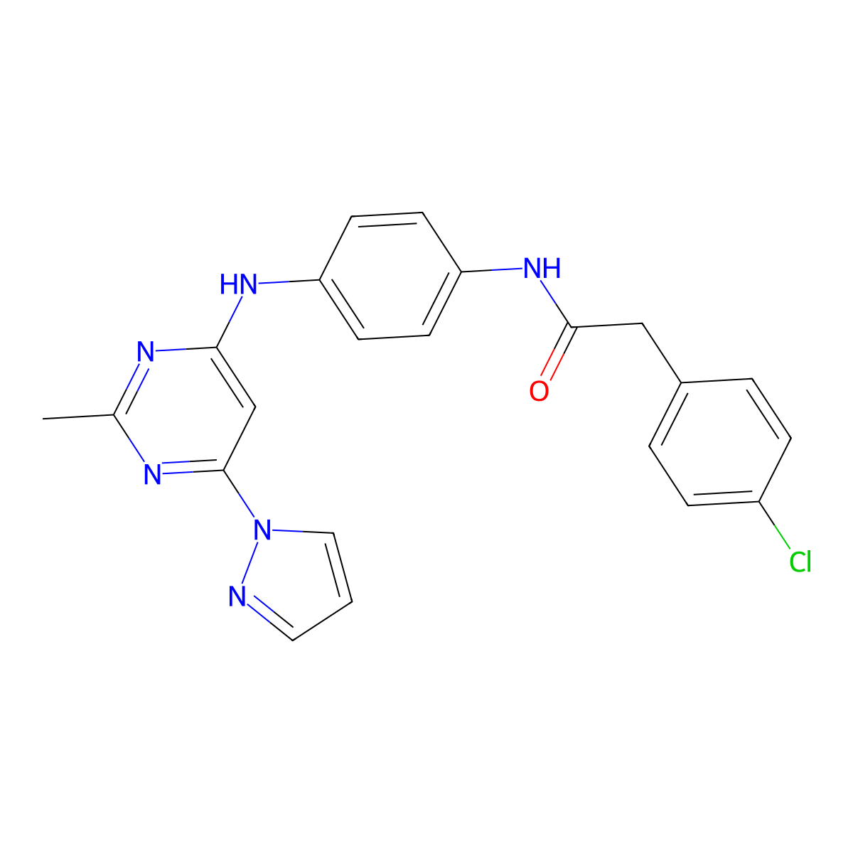 2-(4-chlorophenyl)-N-(4-{[2-methyl-6-(1H-pyrazol-1-yl)pyrimidin-4-yl]amino}phenyl)acetamide molecular structure, CAS 1207018-39-0