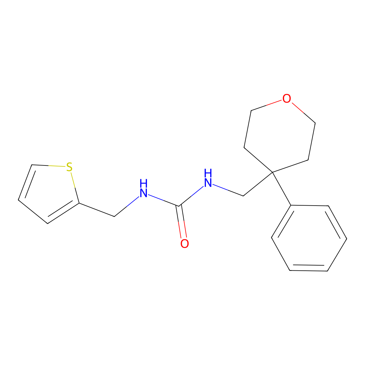 1-((4-phenyltetrahydro-2H-pyran-4-yl)methyl)-3-(thiophen-2-ylmethyl)urea molecular structure, CAS 1207018-41-4