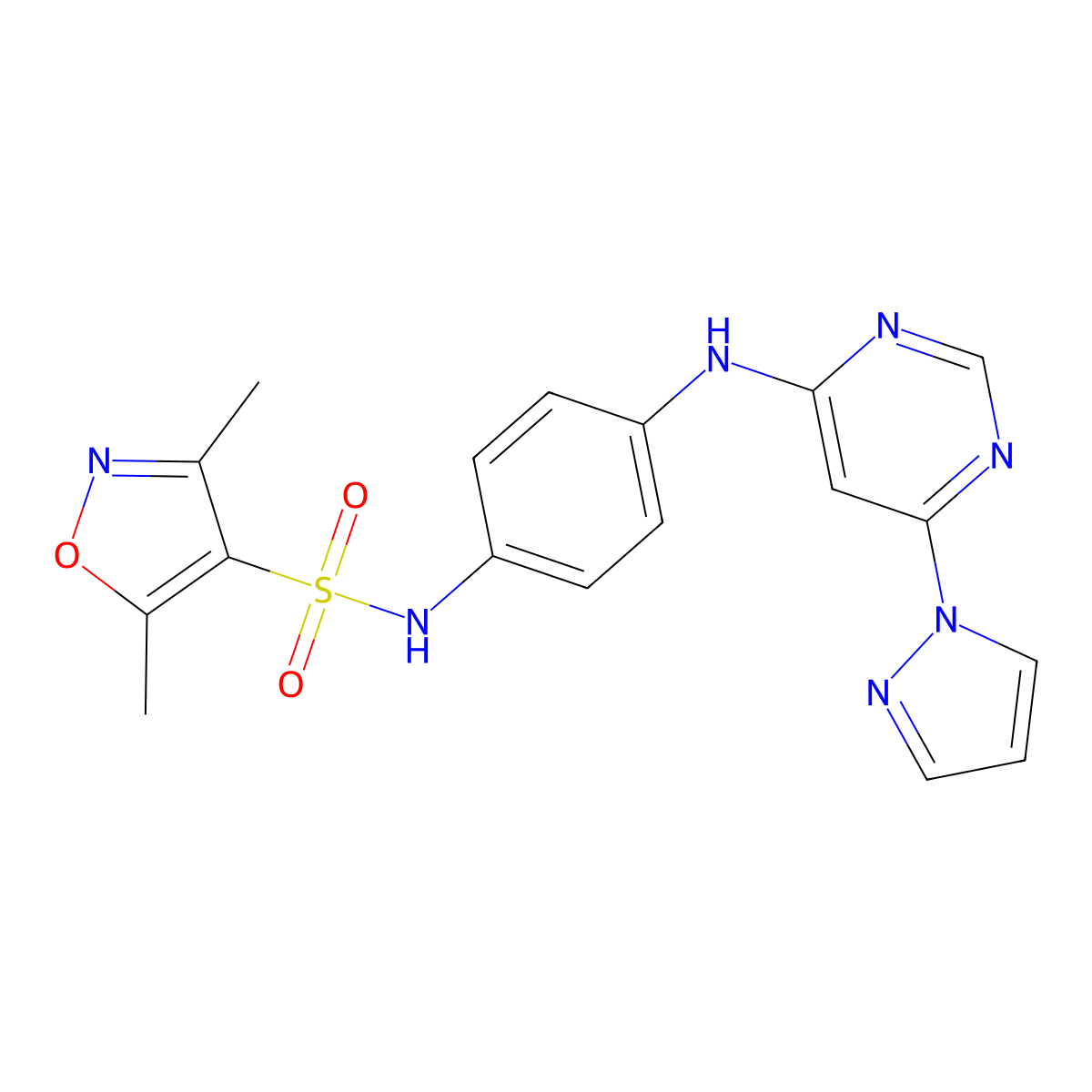 N-(4-((6-(1H-pyrazol-1-yl)pyrimidin-4-yl)amino)phenyl)-3,5-dimethylisoxazole-4-sulfonamide molecular structure, CAS 1207018-45-8