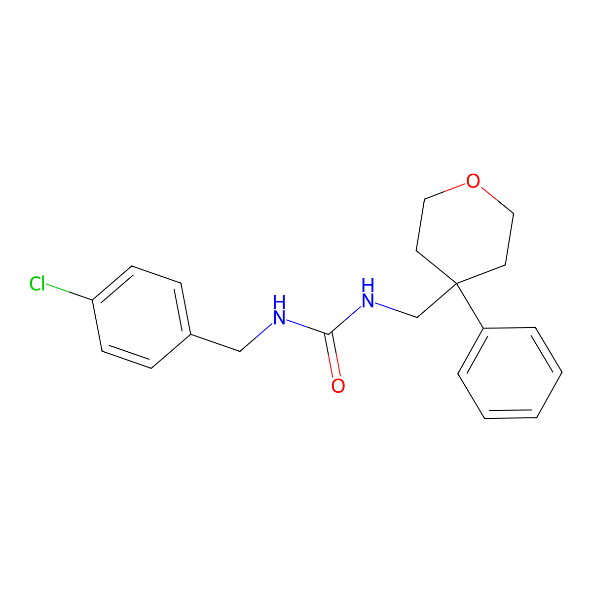 1-(4-chlorobenzyl)-3-((4-phenyltetrahydro-2H-pyran-4-yl)methyl)urea molecular structure, CAS 1207018-46-9