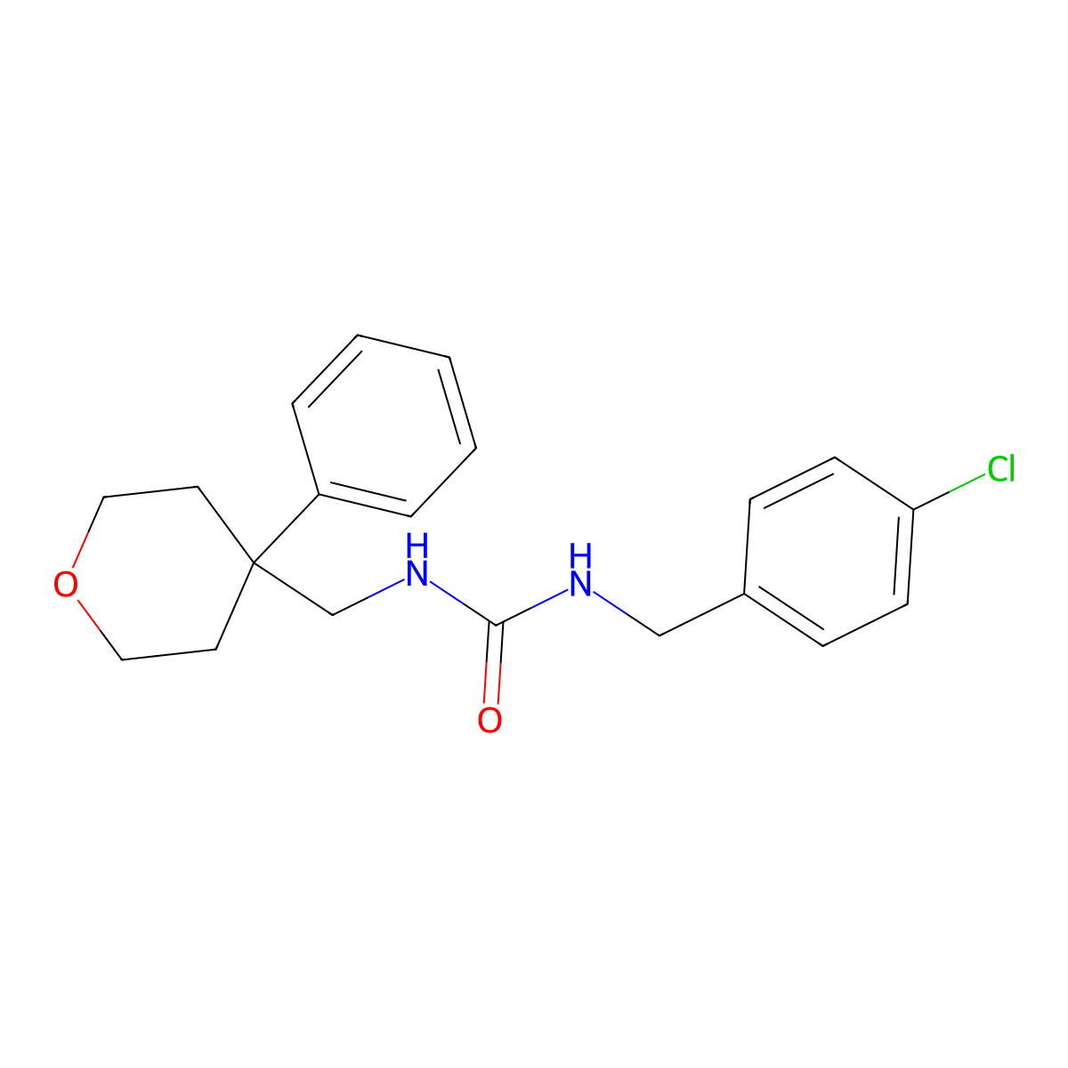 1-(4-chlorobenzyl)-3-((4-phenyltetrahydro-2H-pyran-4-yl)methyl)urea molecular structure, CAS 1207018-46-9
