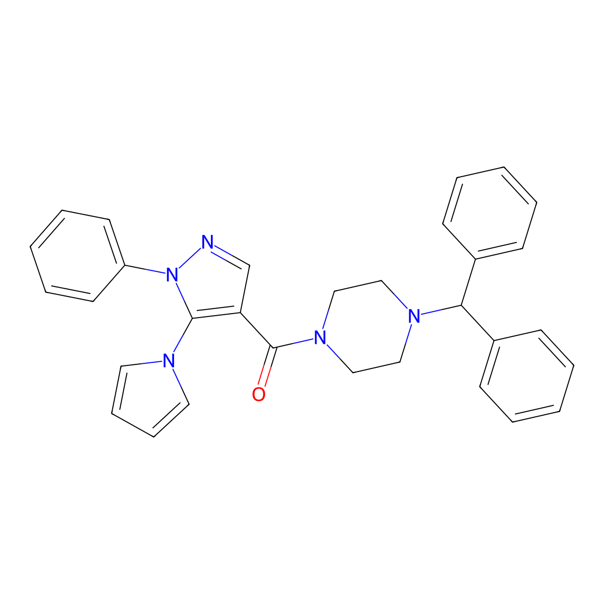(4-benzhydrylpiperazin-1-yl)(1-phenyl-5-(1H-pyrrol-1-yl)-1H-pyrazol-4-yl)methanone molecular structure, CAS 1207018-51-6
