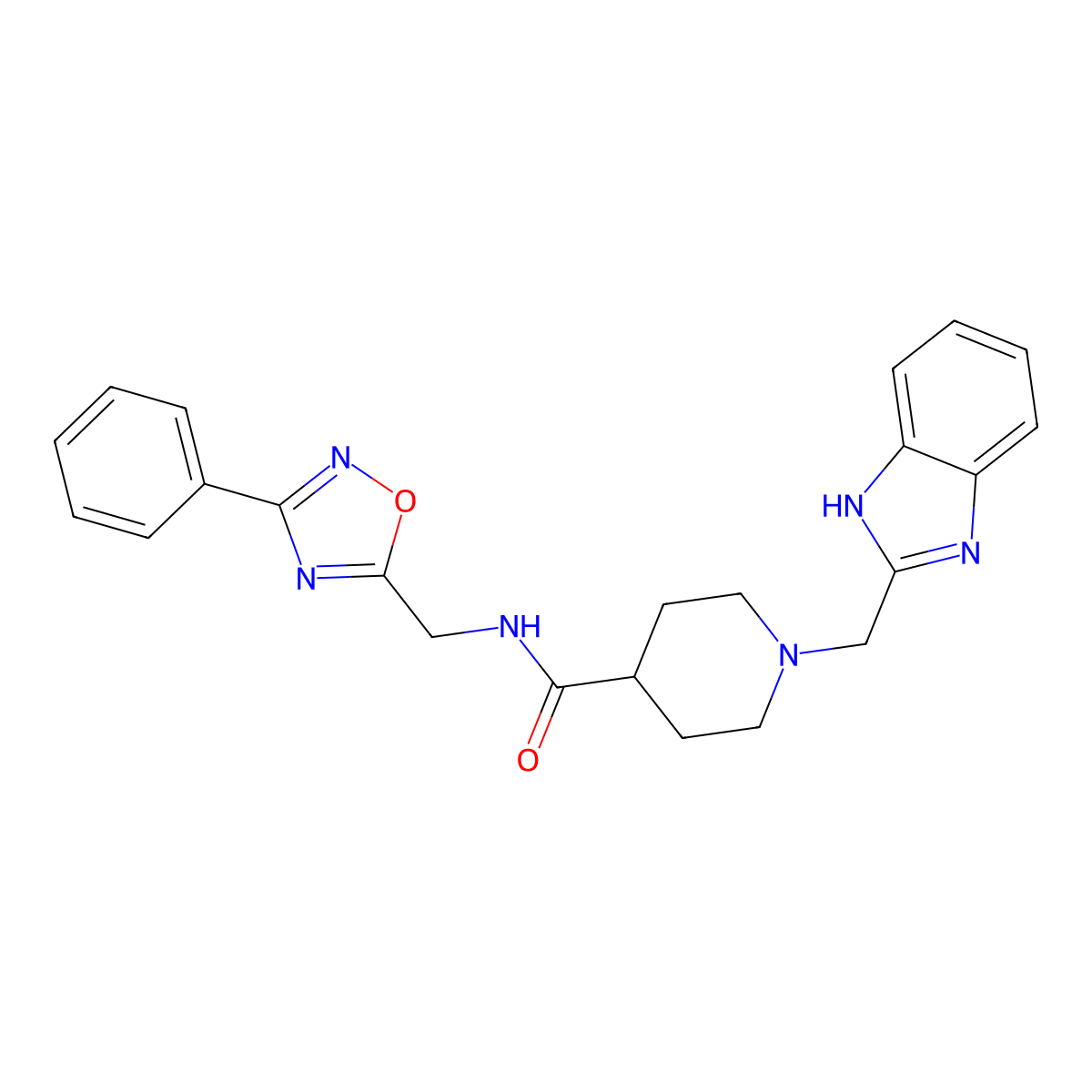 1-((1H-benzo[d]imidazol-2-yl)methyl)-N-((3-phenyl-1,2,4-oxadiazol-5-yl)methyl)piperidine-4-carboxamide molecular structure, CAS 1207018-54-9